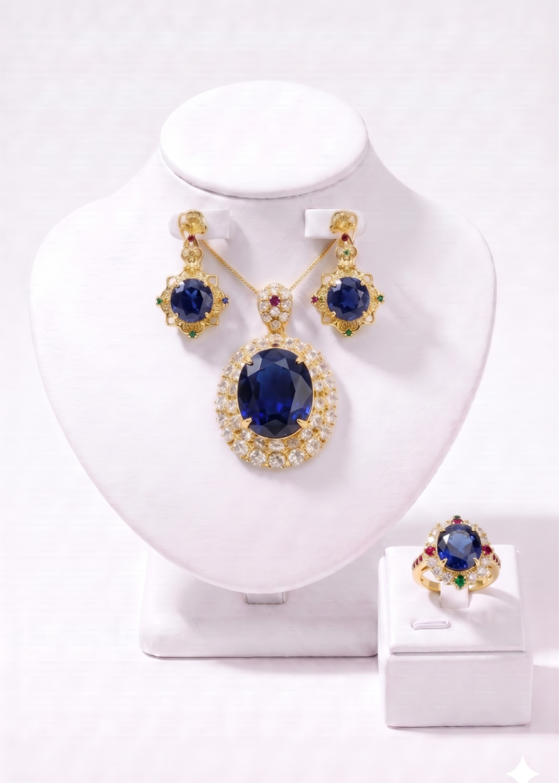 Blue Sapphire Floral Pendant Jewelry Set