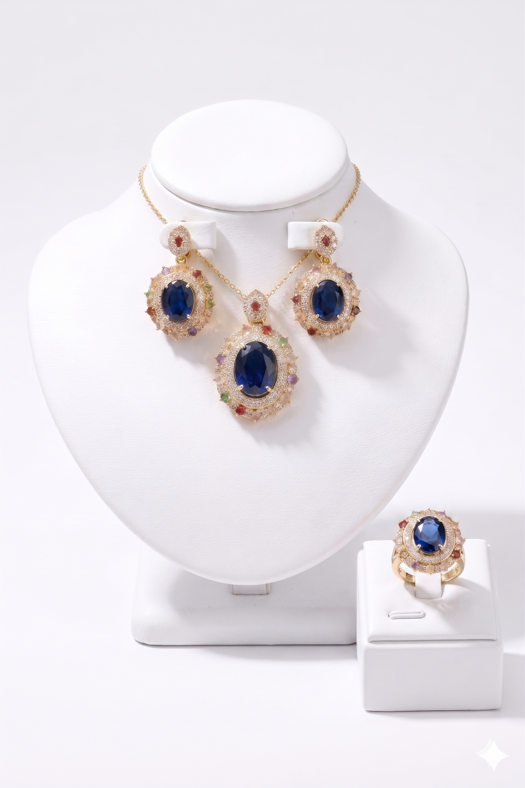 Blue Sapphire Floral Pendant Jewelry Set - Image 2