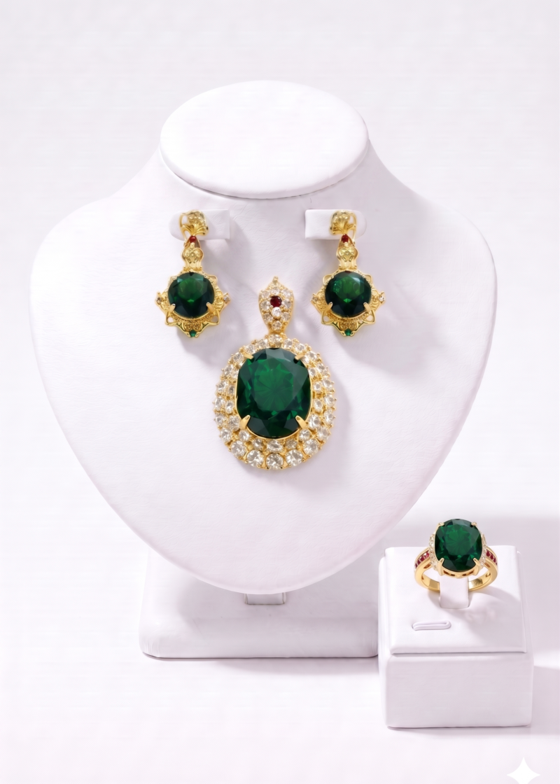 Green Pendant Jewelry Set with Ring & Earrings