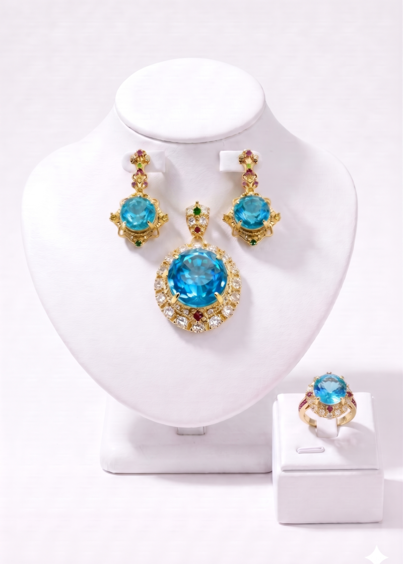 Blue Crystal Pendant Jewelry Set with Ring & Earrings