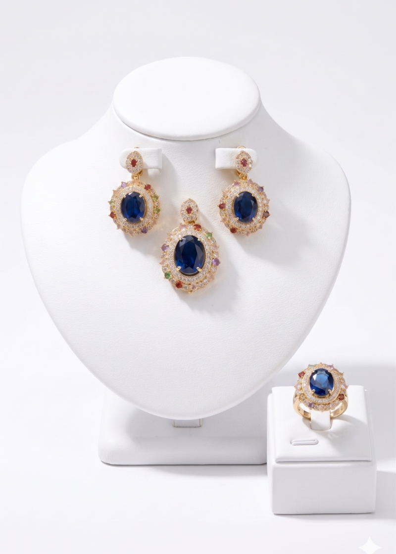 Royal Blue Sapphire Pendant Jewelry Set with Ring & Earrings