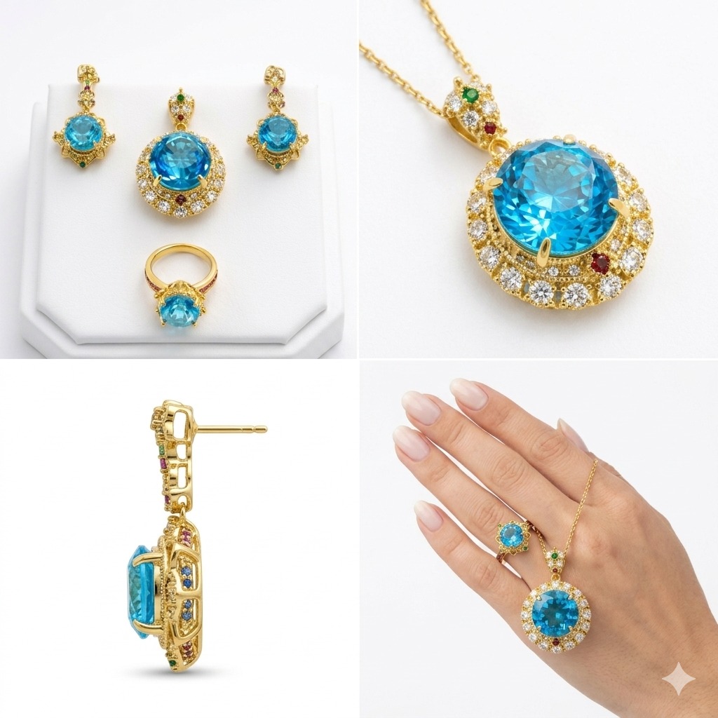 Blue Crystal Pendant Jewelry Set with Ring & Earrings - Image 3