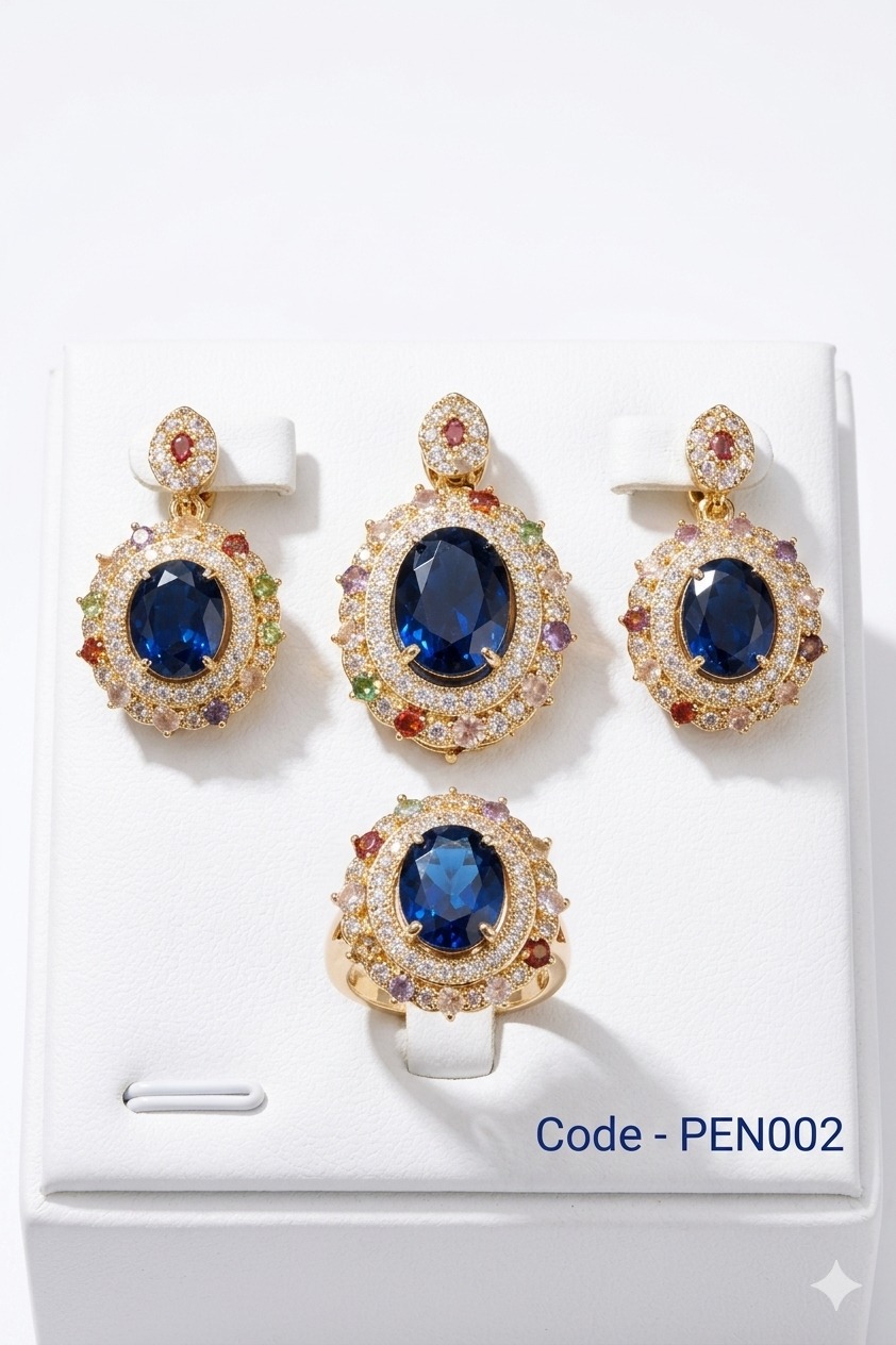 Blue Sapphire Floral Pendant Jewelry Set - Image 3