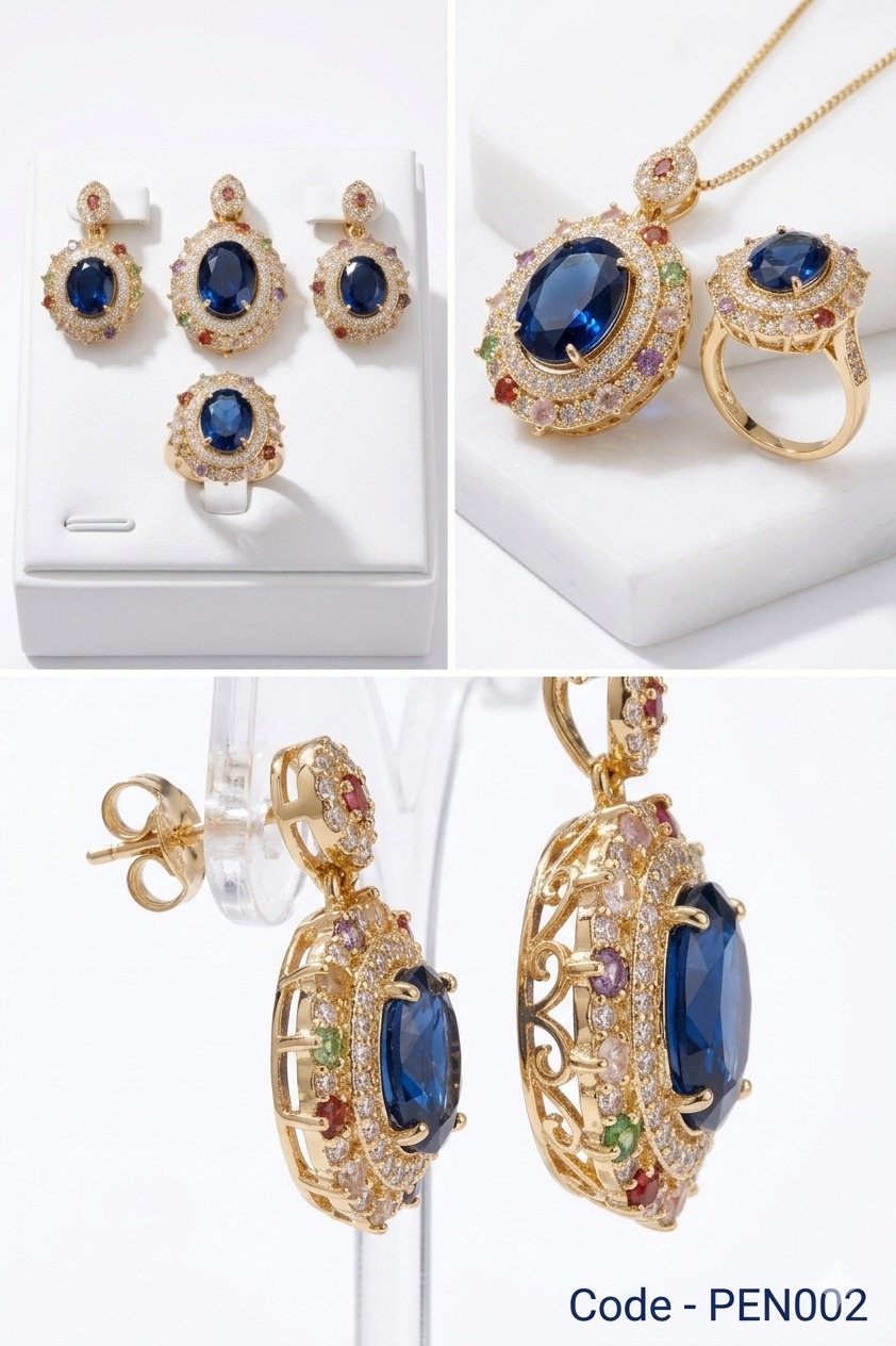 Blue Sapphire Floral Pendant Jewelry Set - Image 4